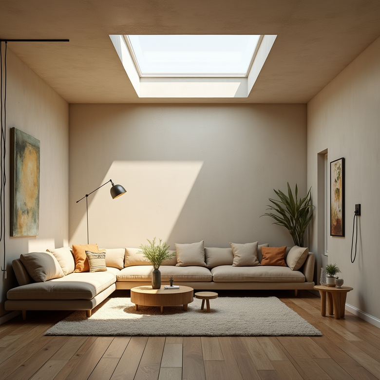 Modern living room lit by flat skylight