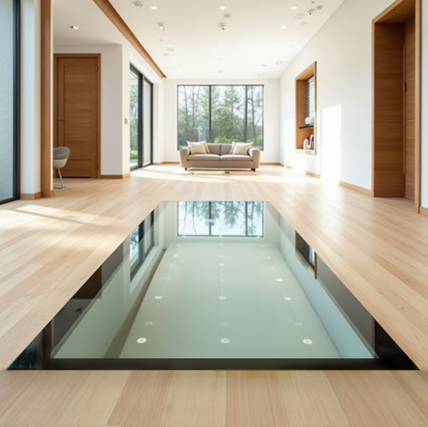 Modern indoor with skylight on wooden floor and glass walls