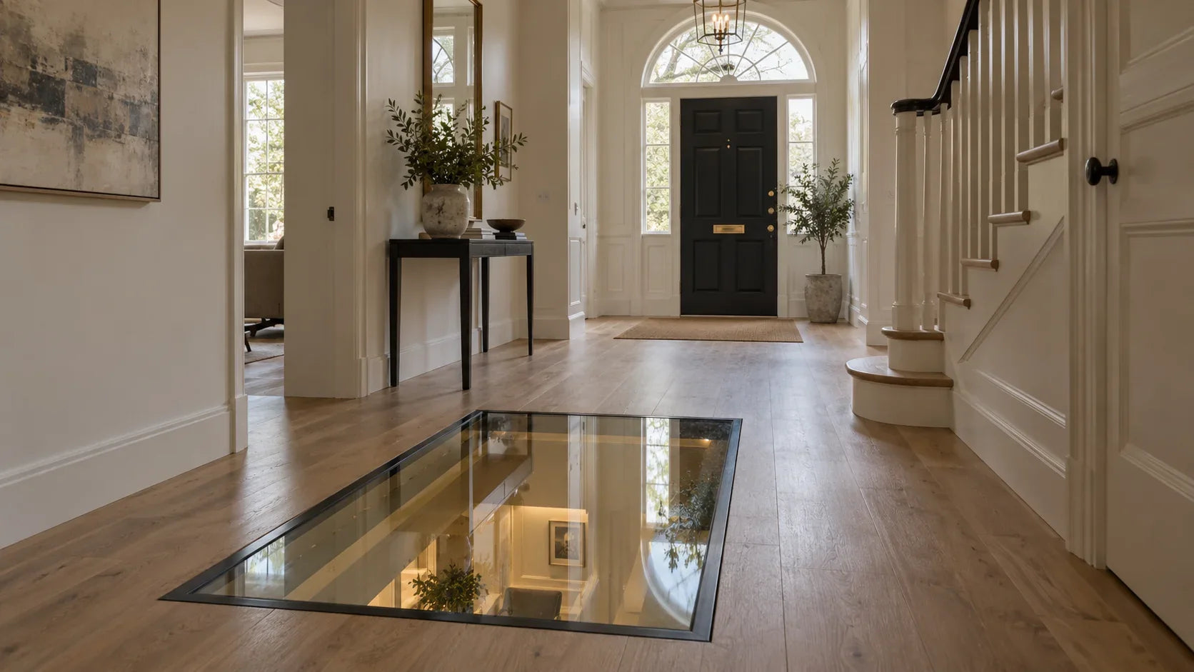 Walk-on glass floor panel set into a hallway floor, letting daylight into the basement below