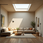 Modern living room lit by flat skylight