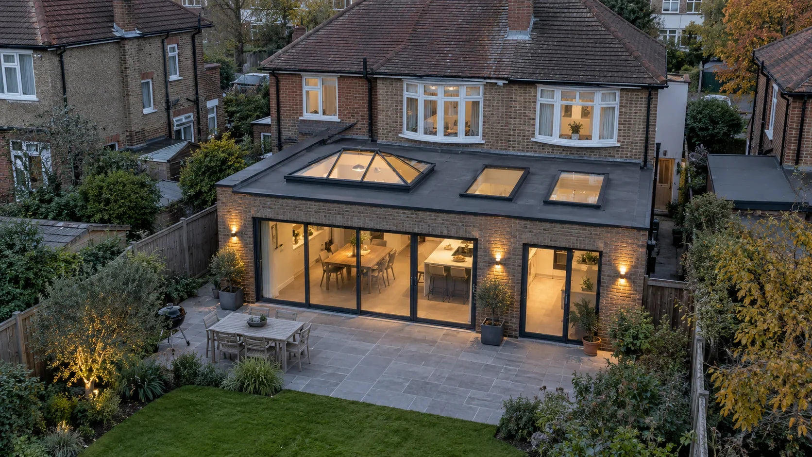 Aerial view of a London semi-detached home with a flat-roof rear extension featuring one anthracite roof lantern and two frameless flat rooflights above a landscaped garden.