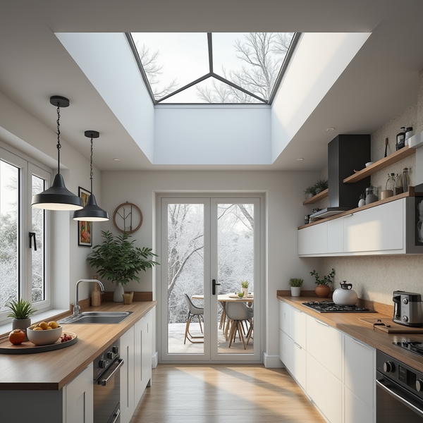 Bright modern kitchen with wooden countertops, roof lantern, and glass doors opening to a snowy outdoor patio with trees.
