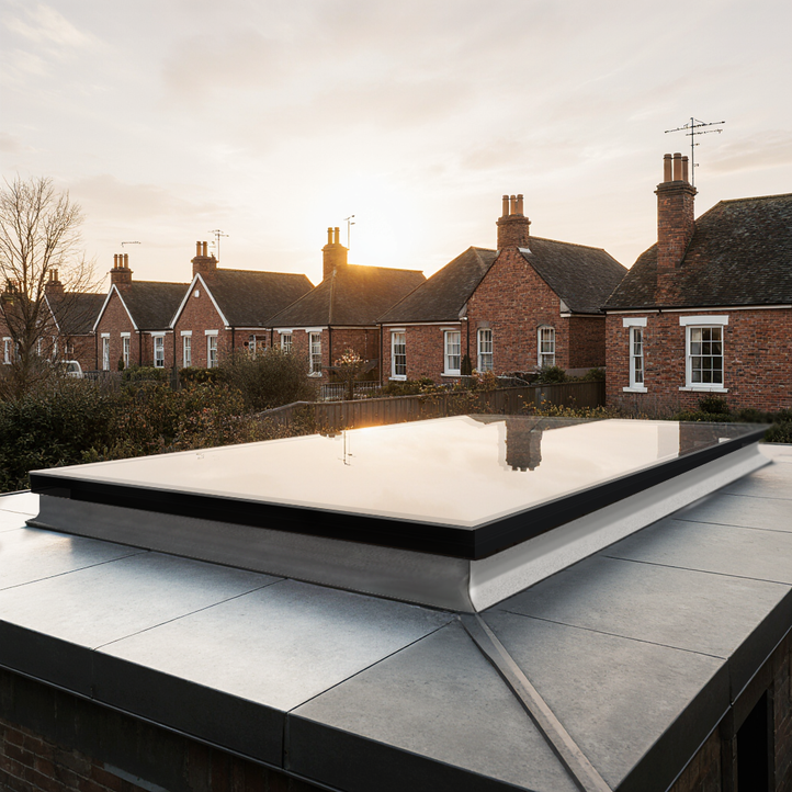 A skylight on a building with a sunset over residential houses in the background