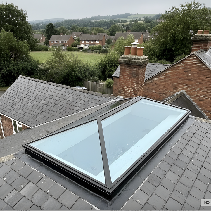 roof lantern on a roof with a view of houses and greenery in the background