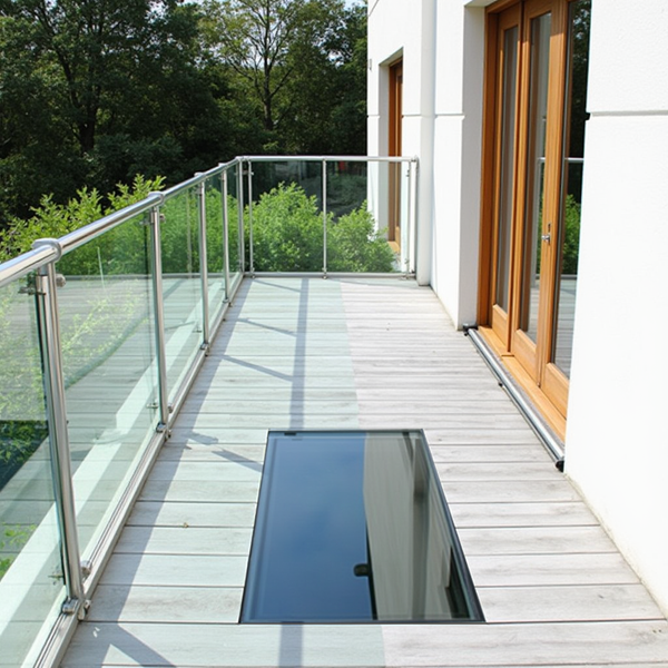 Modern deck with walk on skylight, glass railing and floor-to-ceiling windows overlooking greenery